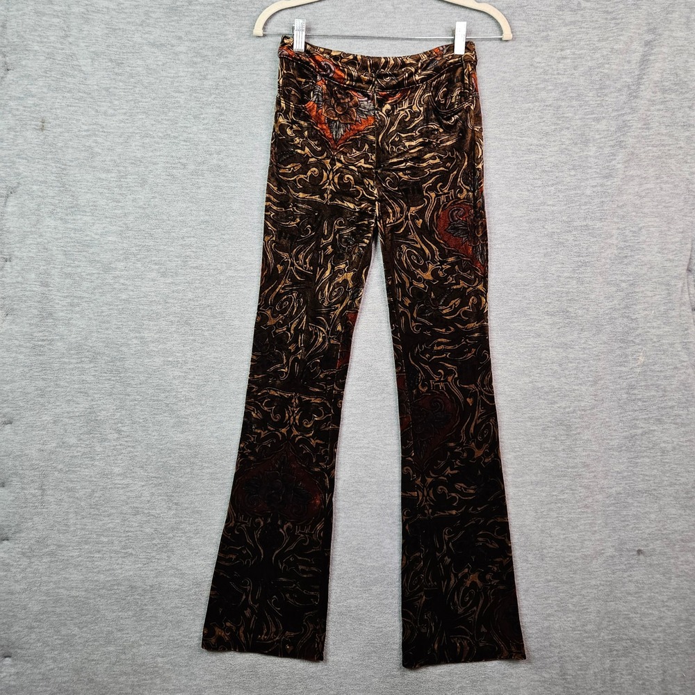 Betsey Johnson Vintage Velvet Flare Pants Brown Floral Baroque Print Sz S